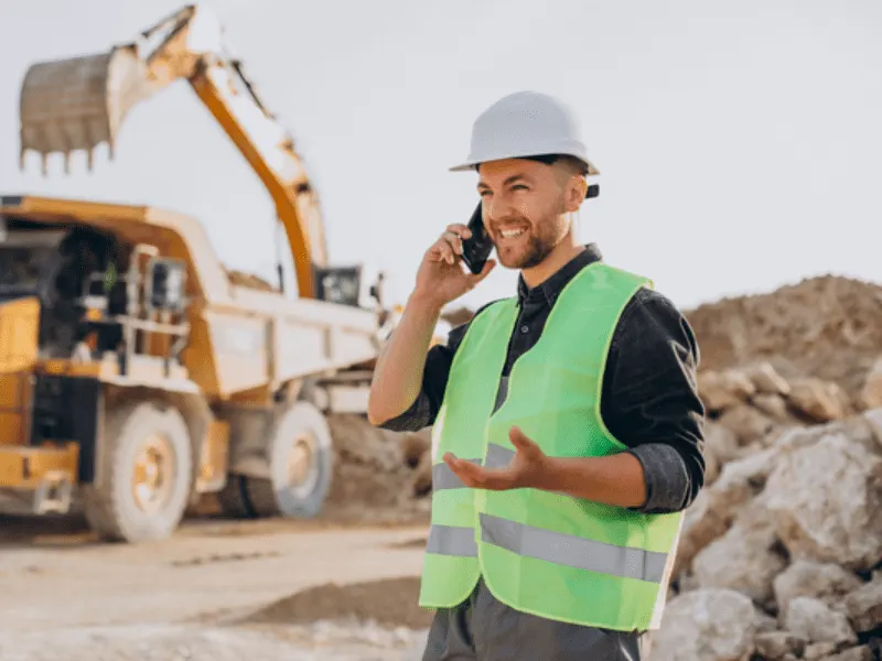 Mitarbeiter auf einer Baustelle beim Telefonieren