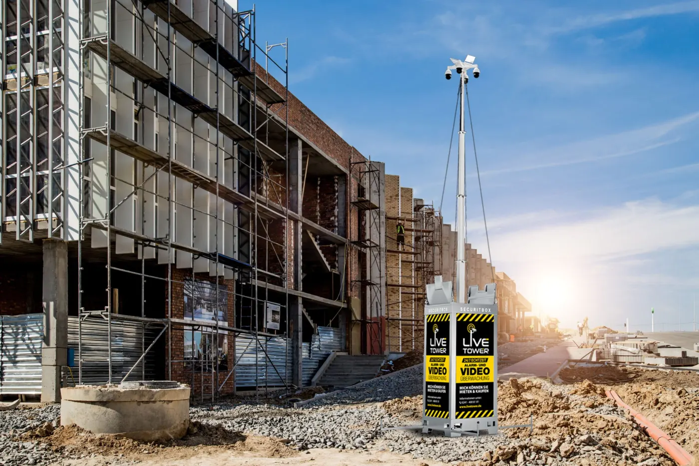Gemieteter LiveTower Videoturm auf einer Großbaustelle